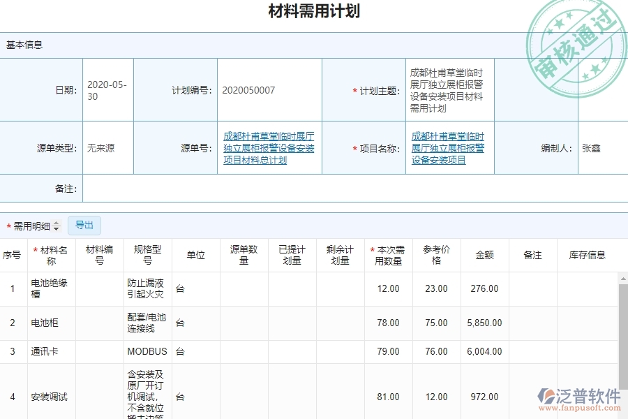 泛普設(shè)備工程企業(yè)管理中材料需用計劃明細(xì)查詢的亮點