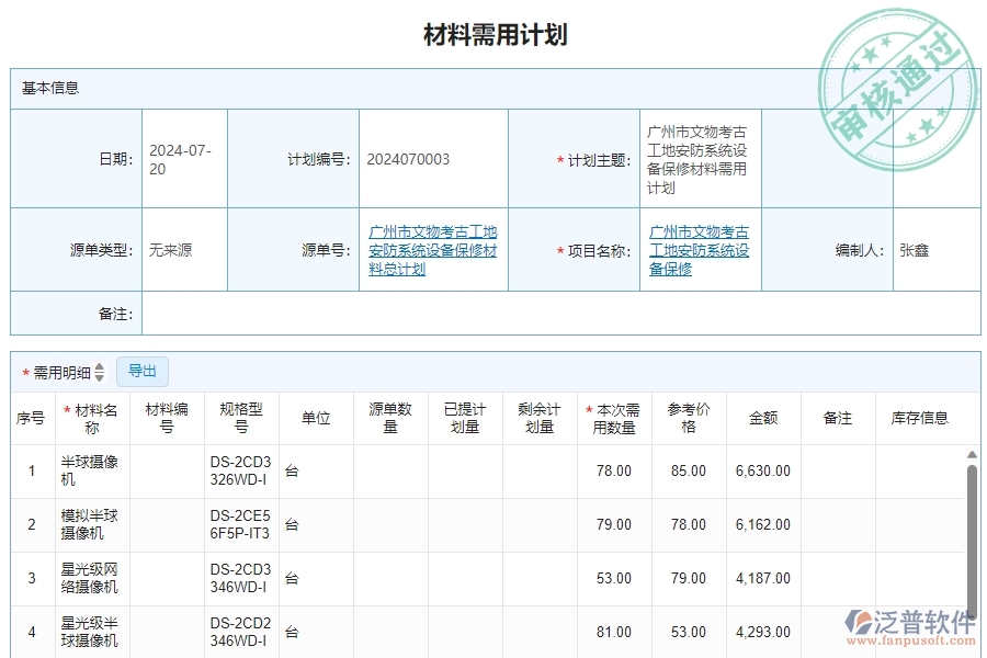 三、安防工程企業(yè)使用泛普軟件-材料需用計(jì)劃明細(xì)查詢管理的好處