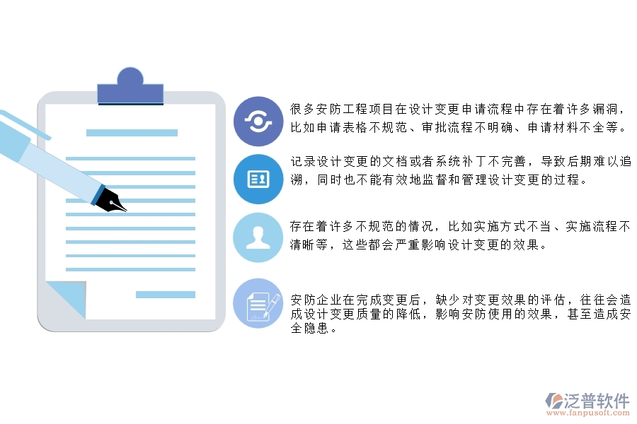 　　一、 多數(shù)安防企業(yè)在設(shè)計變更管理中存在的漏洞  　　1、很多安防工程項(xiàng)目在設(shè)計變更申請流程中存在著許多漏洞，比如申請表格不規(guī)范、審批流程不明確、申請材料不全等。  　　2、記錄設(shè)計變更的文檔或者系統(tǒng)補(bǔ)丁不完善，導(dǎo)致后期難以追溯，同時也不能有效地監(jiān)督和管理設(shè)計變更的過程。  　　3、在安防工程企業(yè)中，審批權(quán)的分配不夠明確，導(dǎo)致審批不及時或者超時等問題的出現(xiàn)，對設(shè)計變更的推進(jìn)造成了一定的阻礙。  　　4、存在著許多不規(guī)范的情況，比如實(shí)施方式不當(dāng)、實(shí)施流程不清晰等，這些都會嚴(yán)重影響設(shè)計變更的效果。  　　5、安防企業(yè)在完成變更后，缺少對變更效果的評估，往往會造成設(shè)計變更質(zhì)量的降低，影響安防使用的效果，甚至造成安全隱患。  　　6、缺乏完善的告知機(jī)制，導(dǎo)致團(tuán)隊成員之間出現(xiàn)溝通不暢、信息傳遞不及時的問題，影響設(shè)計變更的推進(jìn)。  　　7、安防企業(yè)在設(shè)計變更過程中，控制不夠嚴(yán)格，對一些未經(jīng)批準(zhǔn)的變更行為進(jìn)行了遷就和縱容，導(dǎo)致變更效果不佳，甚至可能引起安全隱患。  　　二、泛普軟件-安防工程項(xiàng)目系統(tǒng)在設(shè)計變更管理中的方案  　　1、建立標(biāo)準(zhǔn)化的設(shè)計變更流程和規(guī)范，包括設(shè)計變更申請、審核、決策、實(shí)施和監(jiān)管等環(huán)節(jié)，使員工在變更管理中合理有序地進(jìn)行工作。  　　2、加強(qiáng)溝通和協(xié)調(diào)，確保各個部門和人員之間的信息交流和共享。針對設(shè)計變更的問題，積極開展協(xié)商，并及時給出解決方案。  　　3、泛普軟件建立嚴(yán)格的審核控制機(jī)制，確保設(shè)計變更的質(zhì)量和安全性。審核應(yīng)該對設(shè)計變更的必要性、可行性、安全性、質(zhì)量及經(jīng)濟(jì)性等方面進(jìn)行綜合考慮。  　　4、確立明確的指引和責(zé)任體系，使員工在變更管理中知道要做什么，怎么做，以及誰負(fù)責(zé)。指引和責(zé)任應(yīng)該覆蓋變更管理的各個環(huán)節(jié)。  　　5、建立變更追蹤機(jī)制，及時記錄變更發(fā)生的原因、變更量、變更方案及結(jié)果等信息，以便于掌握變更發(fā)展趨勢和變更效果。  　　6、安防工程項(xiàng)目系統(tǒng)應(yīng)充分考慮變更的價值，了解變更的目的和意義，及時調(diào)整變更方案，以便達(dá)到最佳效果。  　　7、提供必要的技術(shù)和知識支持，包括技術(shù)規(guī)范、指南、工具和培訓(xùn)等。  　　三、泛普軟件-安防工程企業(yè)管理系統(tǒng)中的設(shè)計變更管理內(nèi)容  　　1、對于項(xiàng)目中的所有變更設(shè)計，應(yīng)該進(jìn)行識別和編號，以方便統(tǒng)計、審核和管理。編號應(yīng)該與原有設(shè)計文檔相關(guān)，便于跟蹤變更歷史。  　　2、設(shè)計變更申請流程應(yīng)該明確，包括變更申請人、變更內(nèi)容、變更原因、變更影響和審核程序等，方便后續(xù)跟蹤和記錄。  　　3、泛普軟件建立嚴(yán)格的變更審核和審批程序，確保變更的合法性和可行性。包括設(shè)計文件修改記錄和設(shè)計變更的完整性檢查。  　　4、及時通知有關(guān)部門，確保所有相關(guān)人員可以了解變更內(nèi)容和影響，及時做出調(diào)整。針對設(shè)計變更出現(xiàn)的問題，應(yīng)及時進(jìn)行溝通和解決。  　　5、進(jìn)行多方面的控制和跟蹤，尤其是對更改后的設(shè)計文件進(jìn)行管理和保存。對于變更后涉及到的其他單據(jù)和流程也應(yīng)加以控制和跟蹤。  　　6、及時反饋評估結(jié)果，獲取客戶對變更的反饋和評價。同時，還需要對設(shè)計變更實(shí)施的結(jié)果進(jìn)行審核和評估，確保變更達(dá)到預(yù)期的目標(biāo)。  　　四、泛普軟件-安防工程企業(yè)設(shè)計變更管理系統(tǒng)的優(yōu)點(diǎn)  　　1、支持在線留言、通知、郵件等方式及時溝通和協(xié)作，減少了傳統(tǒng)設(shè)計平臺的紙質(zhì)交流和時間浪費(fèi)，提高了管理效率。  　　2、泛普軟件可以上傳、下載文件，實(shí)現(xiàn)了數(shù)據(jù)可視化、可追溯、可分享等特點(diǎn)，多人協(xié)作時數(shù)據(jù)共享方便，信息公開透明。  　　3、提供歷史數(shù)據(jù)分析，資料庫存儲、查詢、引用、歸檔等功能，方便工程師針對數(shù)據(jù)進(jìn)行研究和分析，并為設(shè)計的科學(xué)性、精細(xì)性提供支撐。  　　4、對項(xiàng)目進(jìn)行完整的變更管理，并支持變更的跟蹤記錄、變更審批進(jìn)度查看等功能，既保證了工程進(jìn)度，也保證了工程設(shè)計質(zhì)量。  　　5、設(shè)置了項(xiàng)目、組織、流程等多種管理層級，可以將多個項(xiàng)目和組織統(tǒng)一管理，為企業(yè)提供系統(tǒng)化的工程設(shè)計變更管理服務(wù)。